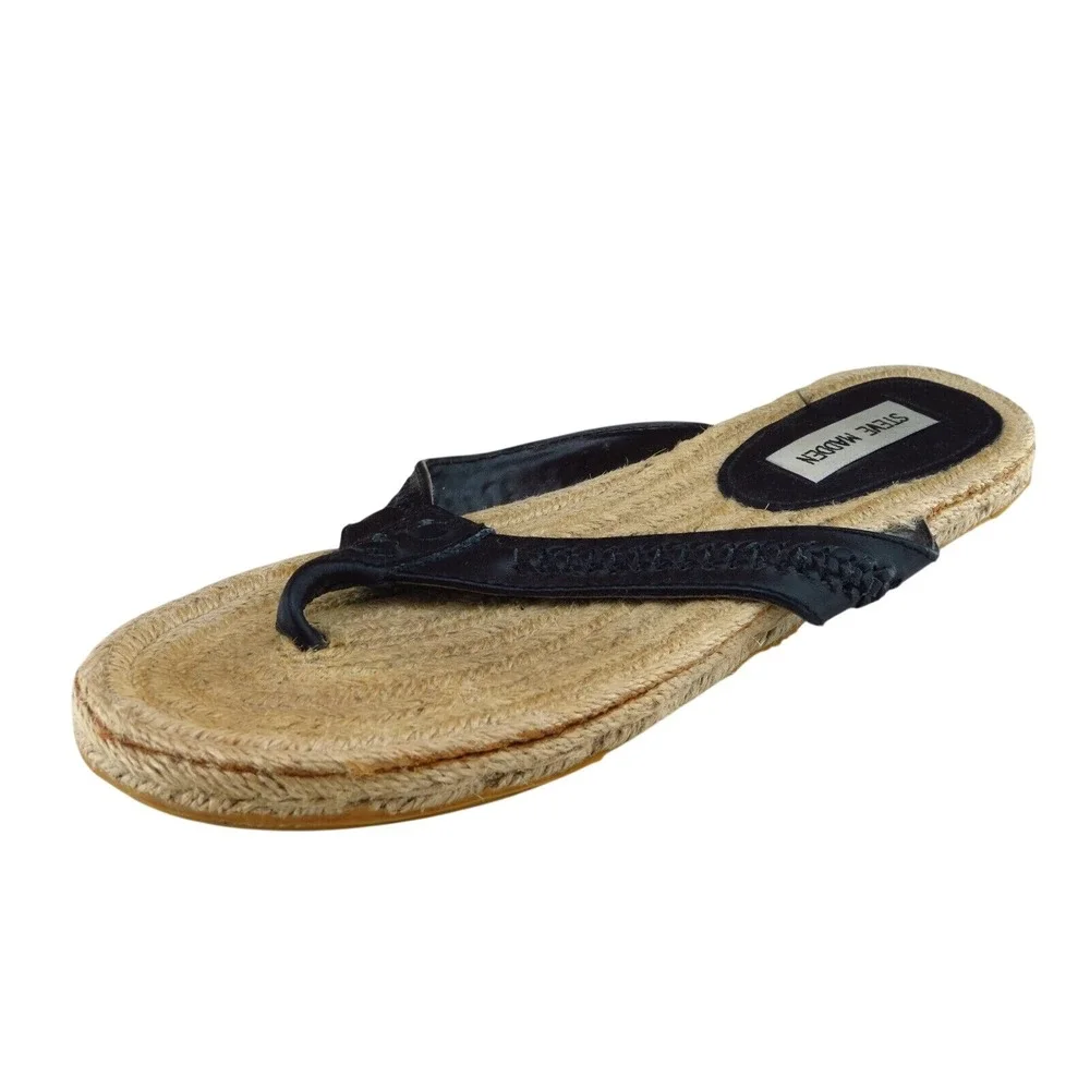 Steve Madden Women's Size 9‎ Black Leather Flip Flop Sandals Woven Espadrille